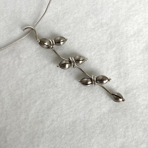 VTG Sterling Silver 925 Hand-wrought Modernist Beaded Floral Acorn Wire Necklace - Picture 2 of 16